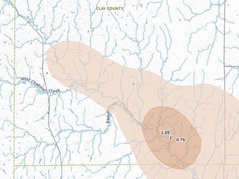 Radar-estimated hail-size map of the storm over Longford, KS on Aug 21, 2026