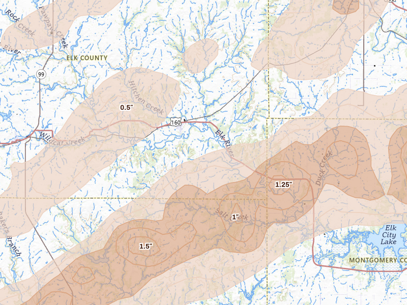 Radar-estimated hail-size map of the storm over Longton, KS on Apr 17, 2026