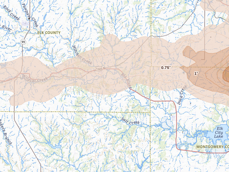 Radar-estimated hail-size map of the storm over Longton, KS on Apr 26, 2026