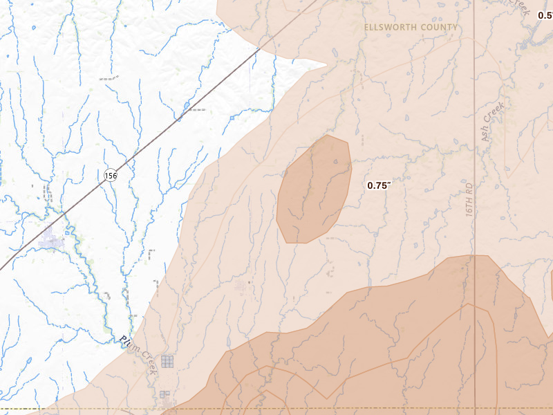 Radar-estimated hail-size map of the storm over Lorraine, KS on Apr 26, 2026