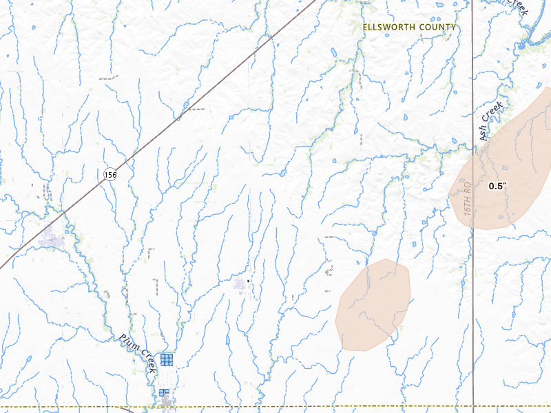 Radar-estimated hail-size map of the storm over Lorraine, KS on May 18, 2026