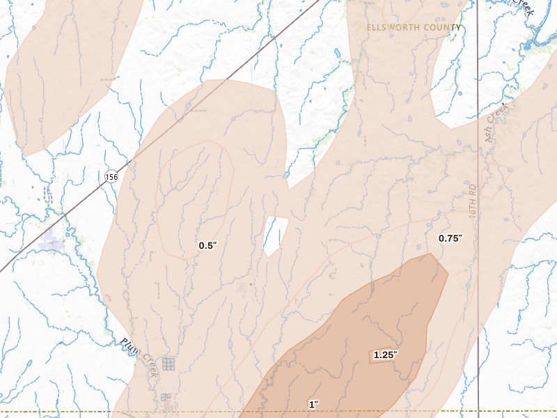 Radar-estimated hail-size map of the storm over Lorraine, KS on May 30, 2026