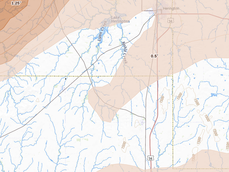Radar-estimated hail-size map of the storm over Lost Springs, KS on Apr 23, 2026