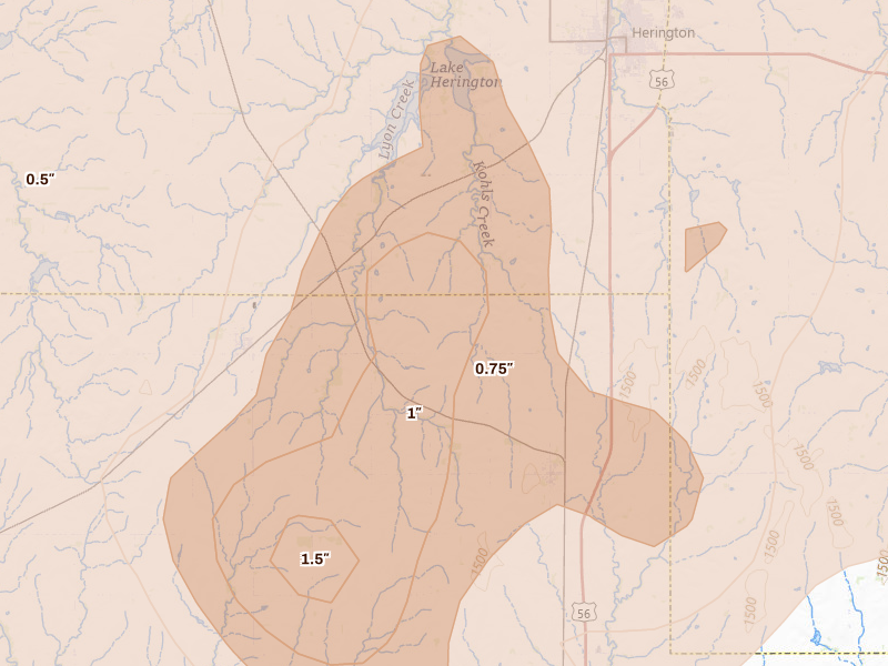 Radar-estimated hail-size map of the storm over Lost Springs, KS on Apr 26, 2026