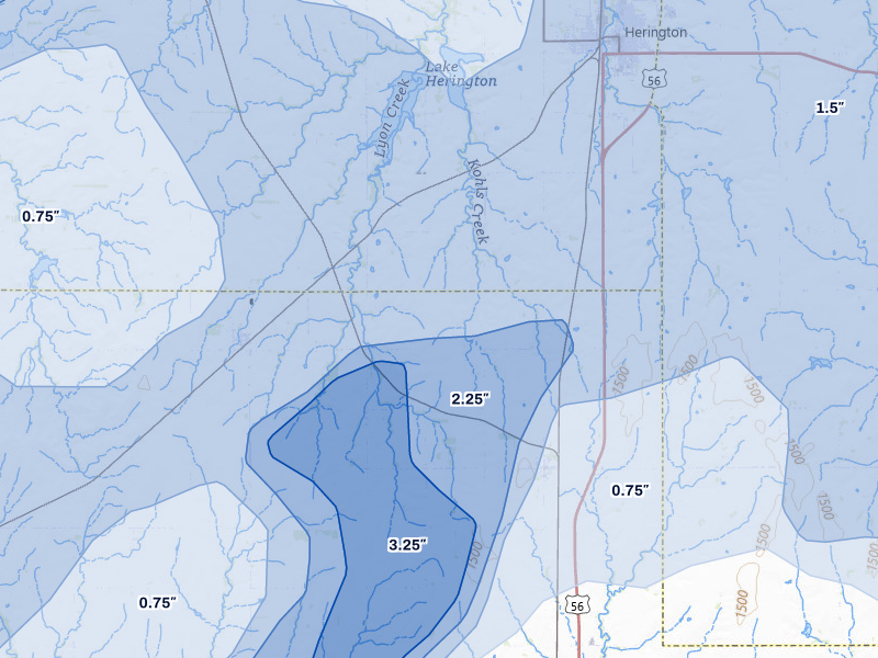 NEXRAD radar-signature map of the hail over Lost Springs, KS