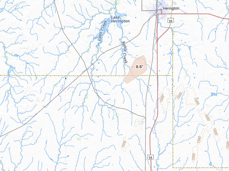 Radar-estimated hail-size map of the storm over Lost Springs, KS on May 30, 2026