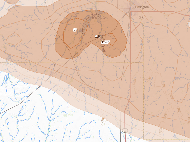 Radar-estimated hail-size map of the storm over Lost Springs, KS on Jun 10, 2026