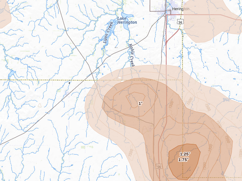 Radar-estimated hail-size map of the storm over Lost Springs, KS on Aug 6, 2026