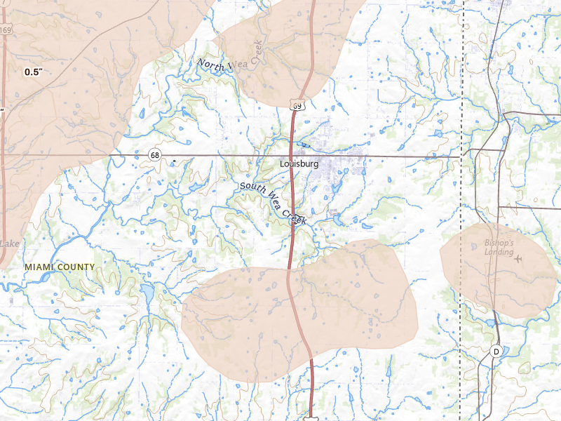 Radar-estimated hail-size map of the storm over Louisburg, KS on Jun 8, 2026