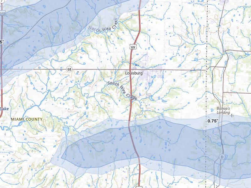 NEXRAD radar-signature map of the hail storm over Louisburg, KS on Jun 8, 2026