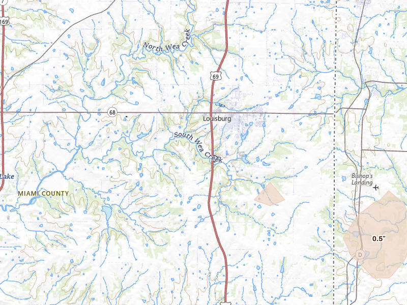 Radar-estimated hail-size map of the storm over Louisburg, KS on Jul 4, 2026