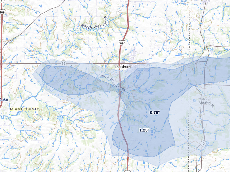 NEXRAD radar-signature map of the hail over Louisburg, KS