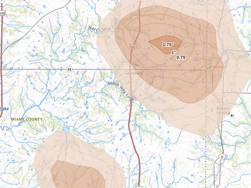Radar-estimated hail-size map of the storm over Louisburg, KS