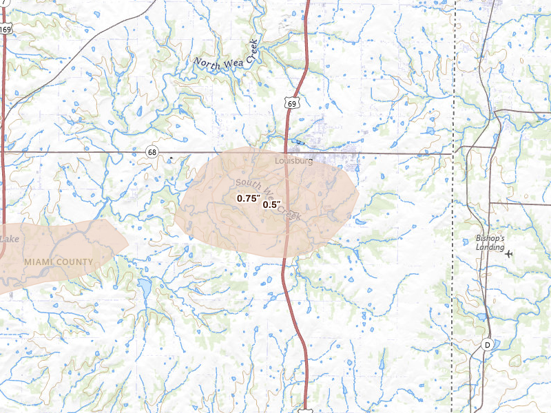 Radar-estimated hail-size map of the storm over Louisburg, KS