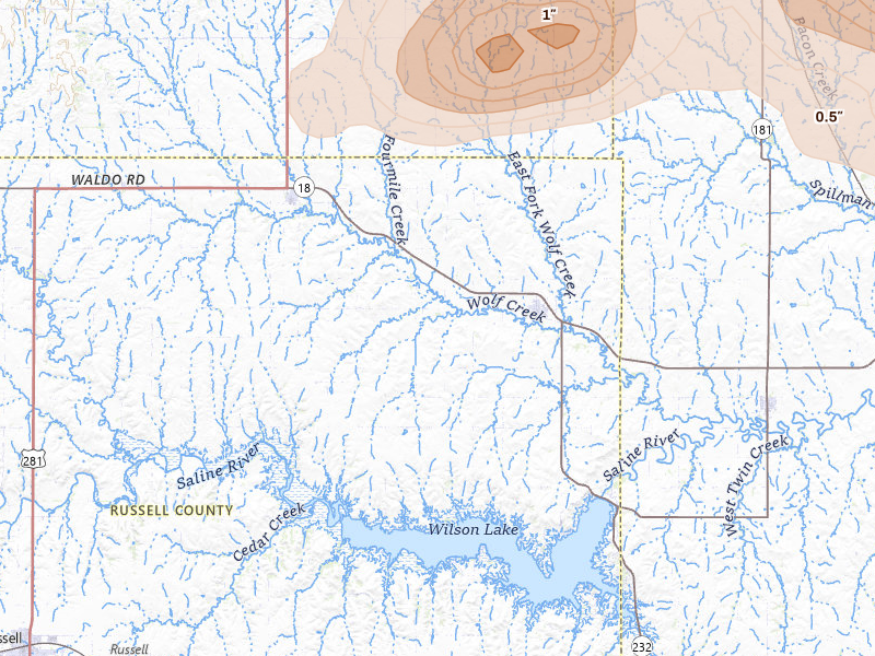 Radar-estimated hail-size map of the storm over Lucas, KS on Apr 9, 2026