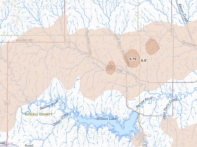 Radar-estimated hail-size map of the storm over Lucas, KS on Apr 26, 2026