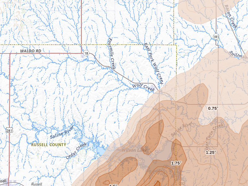 Radar-estimated hail-size map of the storm over Lucas, KS on May 17, 2026
