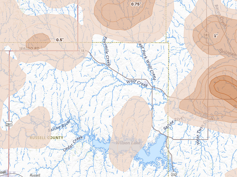 Radar-estimated hail-size map of the storm over Lucas, KS on Jun 8, 2026