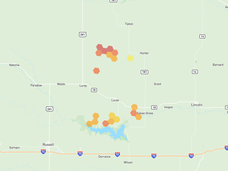 Hail map of Lucas, KS on Jun 9, 2026, hail up to 2.5"