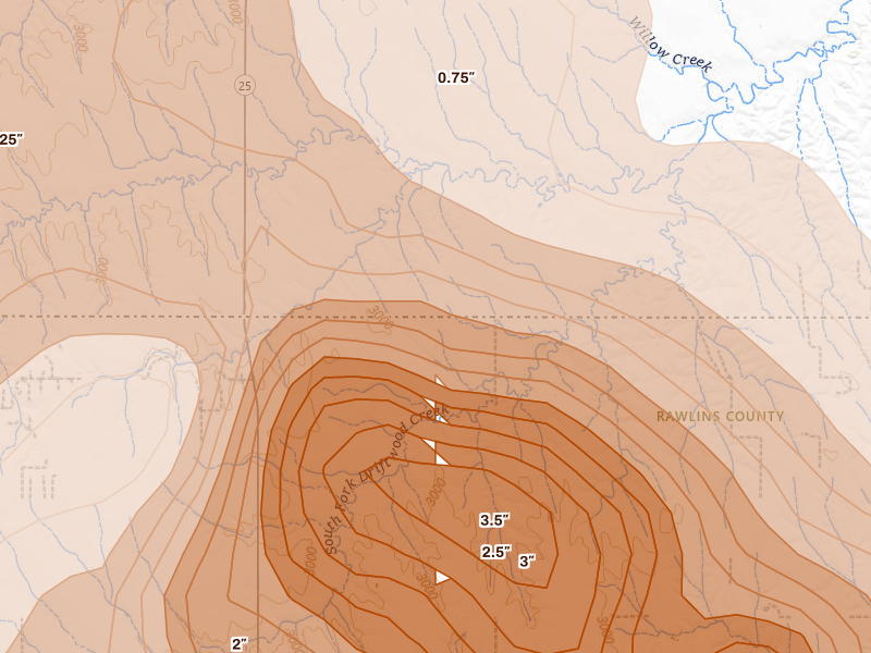 Radar-estimated hail-size map of the storm over Ludell, KS on Jun 20, 2026