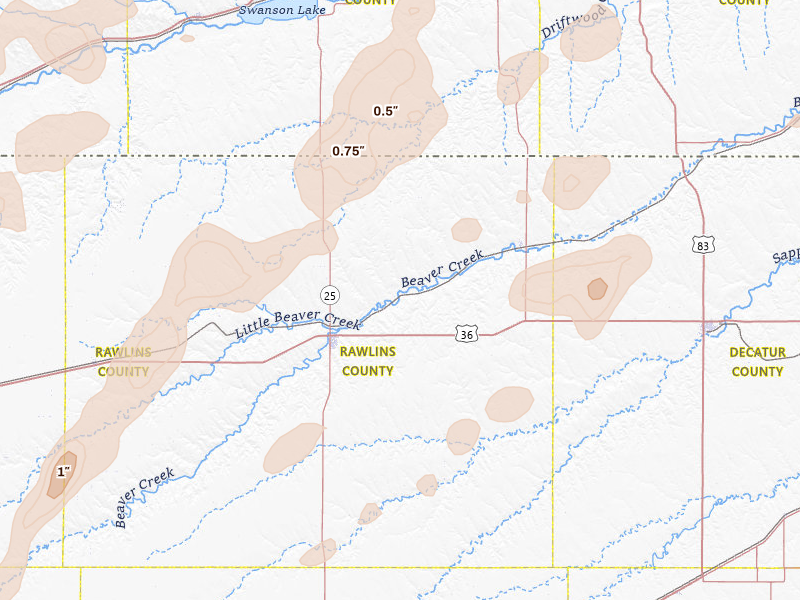 Radar-estimated hail-size map of the storm over Ludell, KS on Aug 14, 2026