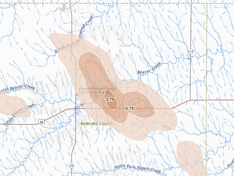 Radar-estimated hail-size map of the storm over Ludell, KS on Aug 19, 2026