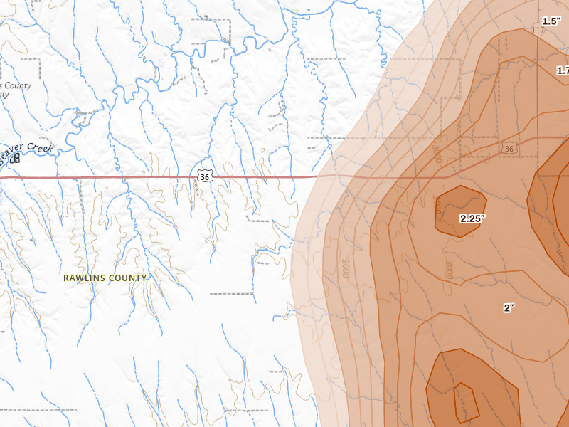 Radar-estimated hail-size map of the storm over Ludell, KS on Aug 20, 2026
