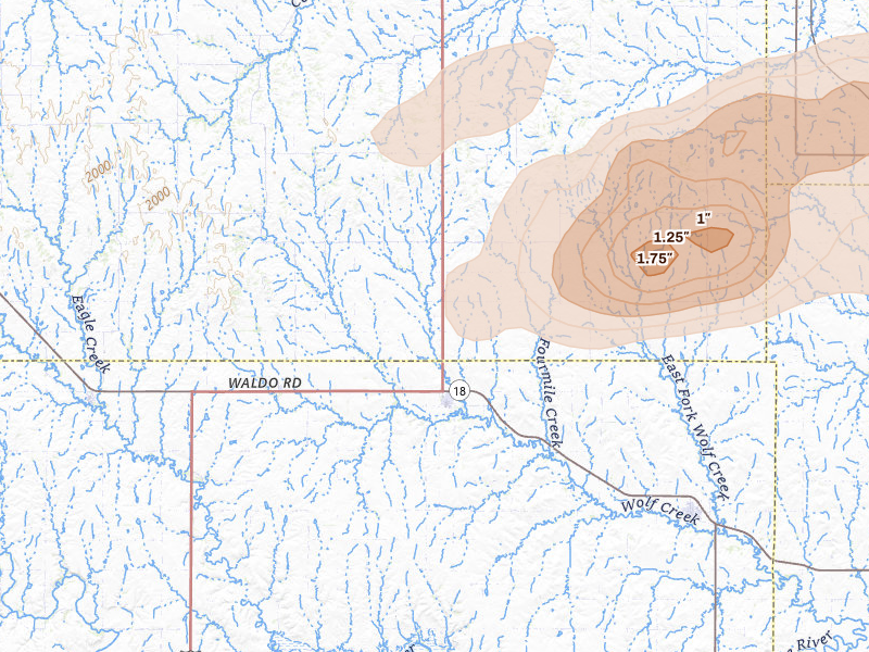 Radar-estimated hail-size map of the storm over Luray, KS on Apr 9, 2026