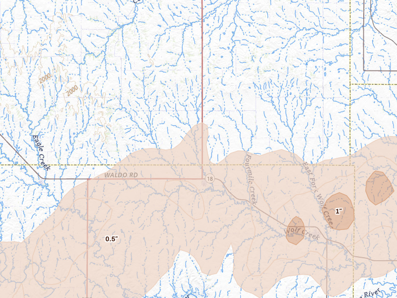 Radar-estimated hail-size map of the storm over Luray, KS on Apr 26, 2026