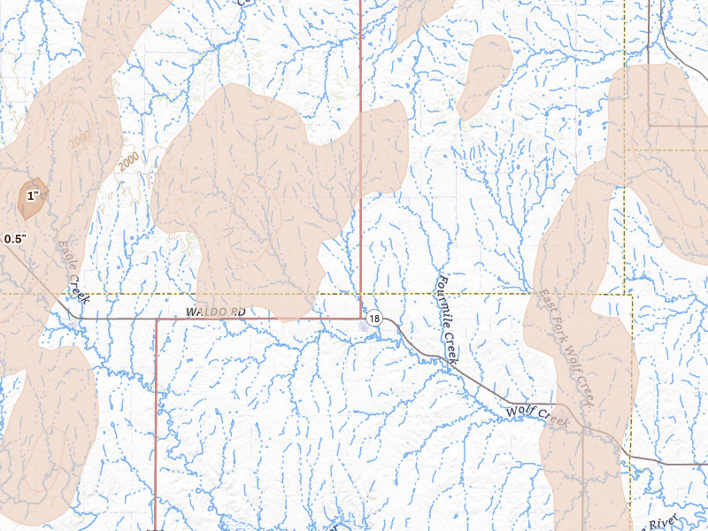 Radar-estimated hail-size map of the storm over Luray, KS on May 30, 2026
