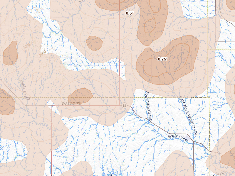 Radar-estimated hail-size map of the storm over Luray, KS on Jun 8, 2026