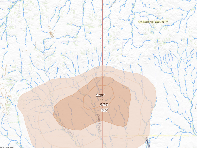 Radar-estimated hail-size map of the storm over Luray, KS on Aug 8, 2026