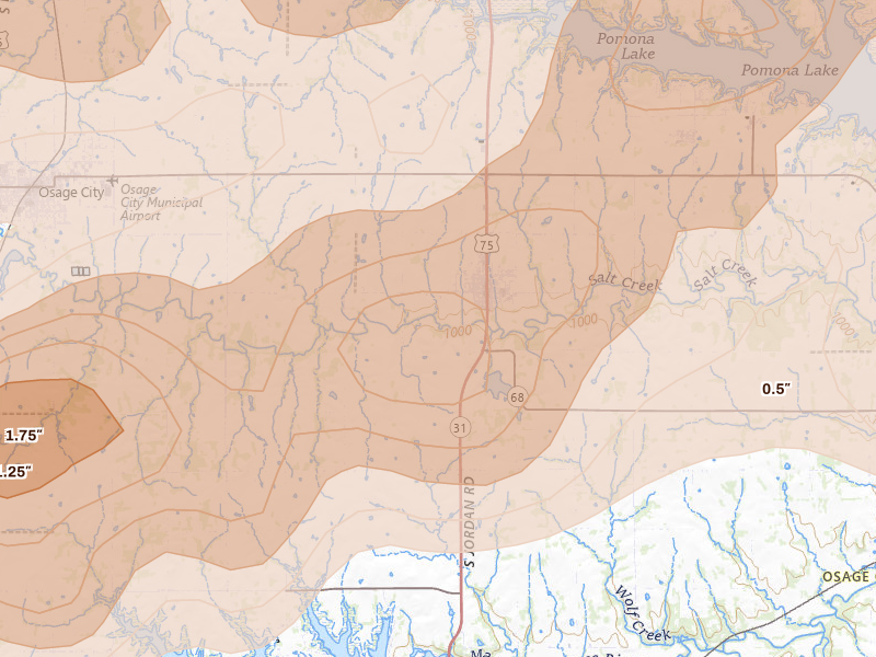 Radar-estimated hail-size map of the storm over Lyndon, KS on Apr 13, 2026