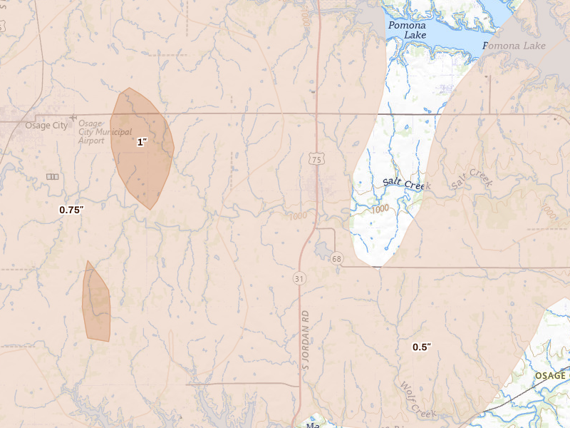 Radar-estimated hail-size map of the storm over Lyndon, KS on Apr 26, 2026