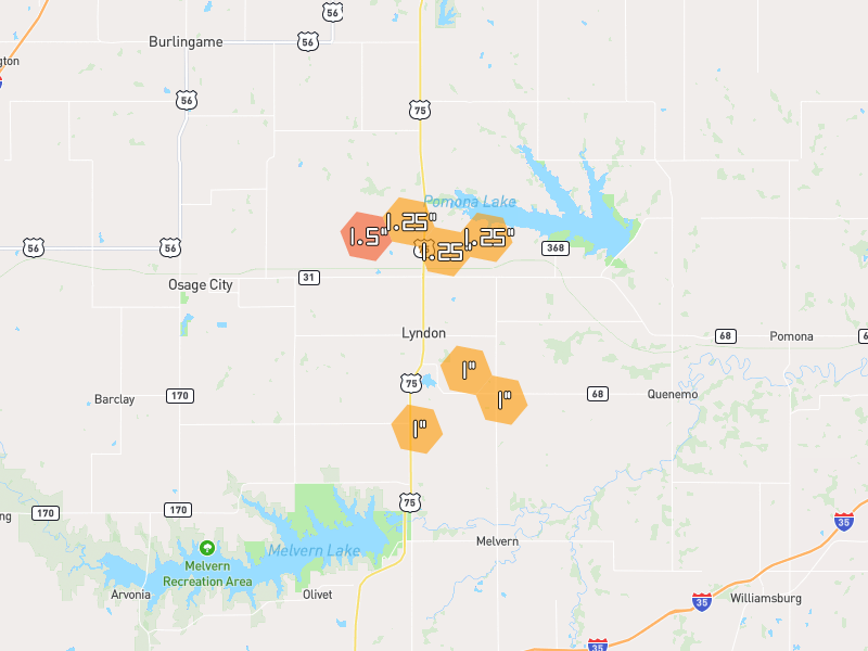 Hail map of Lyndon, KS on Jul 4, 2026, hail up to 1.5"