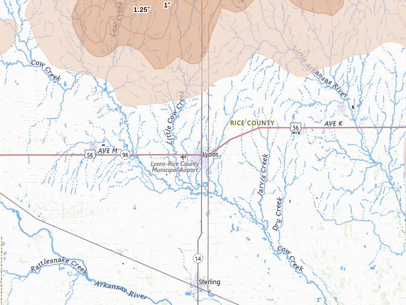 Radar-estimated hail-size map of the storm over Lyons, KS on Apr 26, 2026