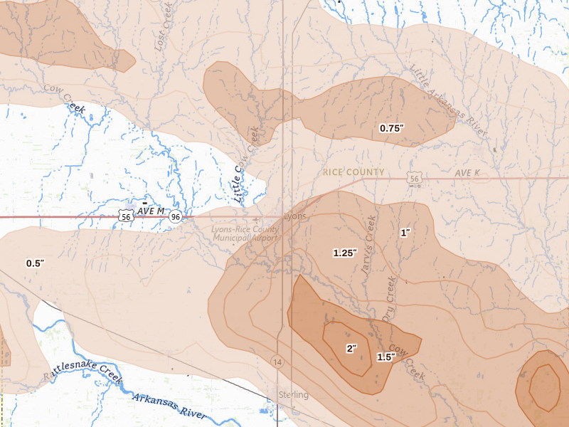 Radar-estimated hail-size map of the storm over Lyons, KS on Jun 10, 2026