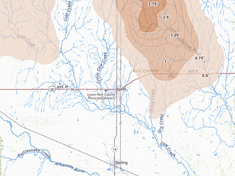 Radar-estimated hail-size map of the storm over Lyons, KS