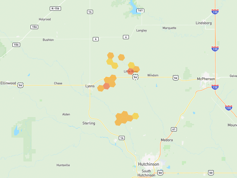 Hail map of Lyons, KS on Jul 10, 2026, hail up to 1.5"