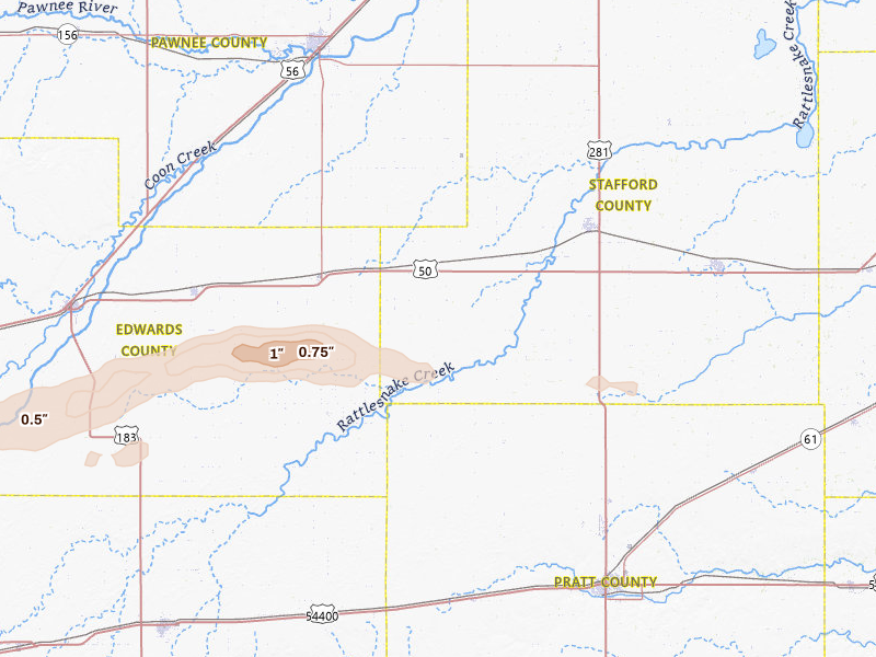 Radar-estimated hail-size map of the storm over Macksville, KS on Apr 9, 2026
