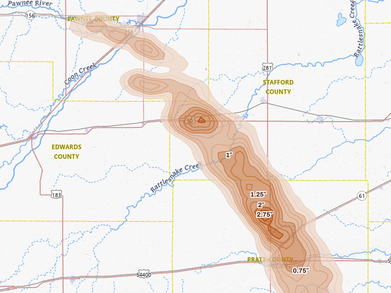 Radar-estimated hail-size map of the storm over Macksville, KS on Apr 25, 2026