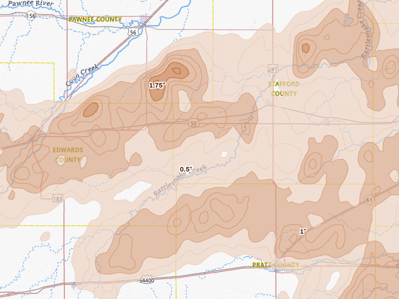 Radar-estimated hail-size map of the storm over Macksville, KS on May 18, 2026