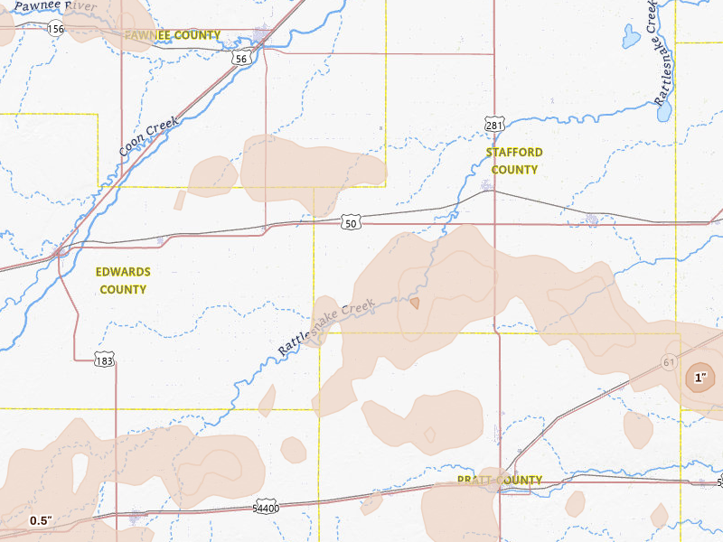 Radar-estimated hail-size map of the storm over Macksville, KS on Jun 1, 2026