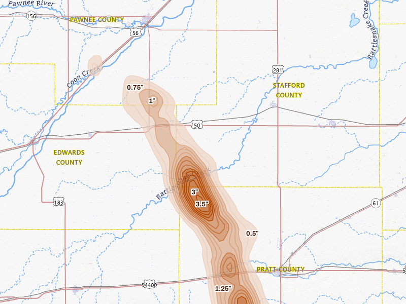 Radar-estimated hail-size map of the storm over Macksville, KS on Jun 16, 2026