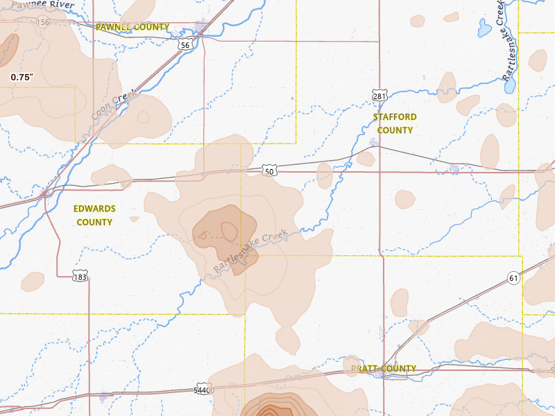 Radar-estimated hail-size map of the storm over Macksville, KS on Jun 20, 2026