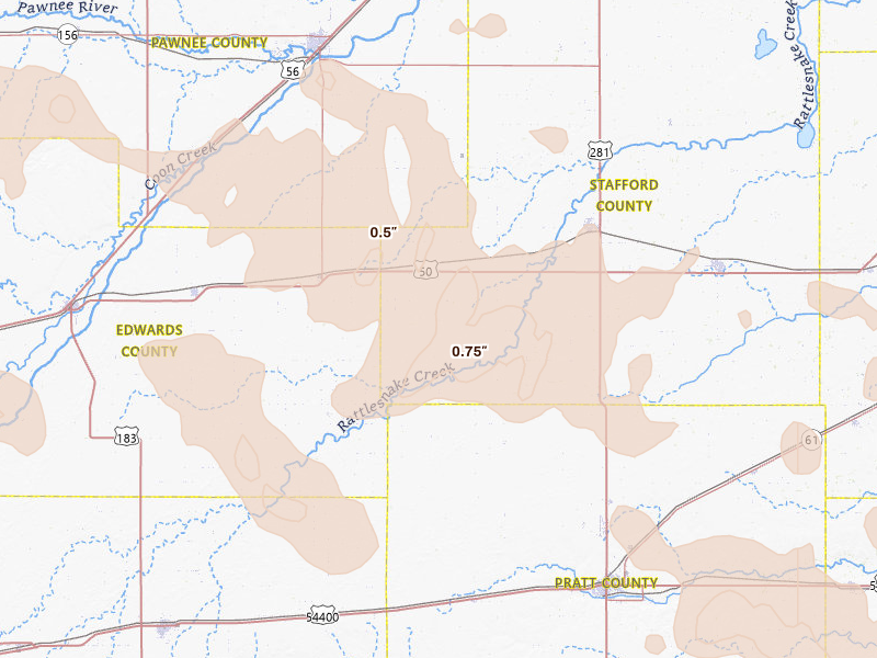 Radar-estimated hail-size map of the storm over Macksville, KS on Jun 25, 2026
