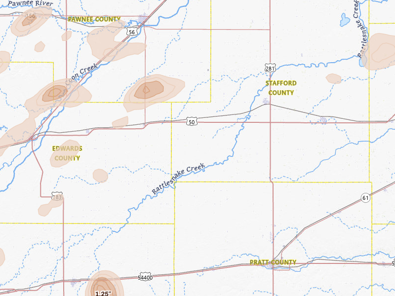 Radar-estimated hail-size map of the storm over Macksville, KS on Jul 9, 2026