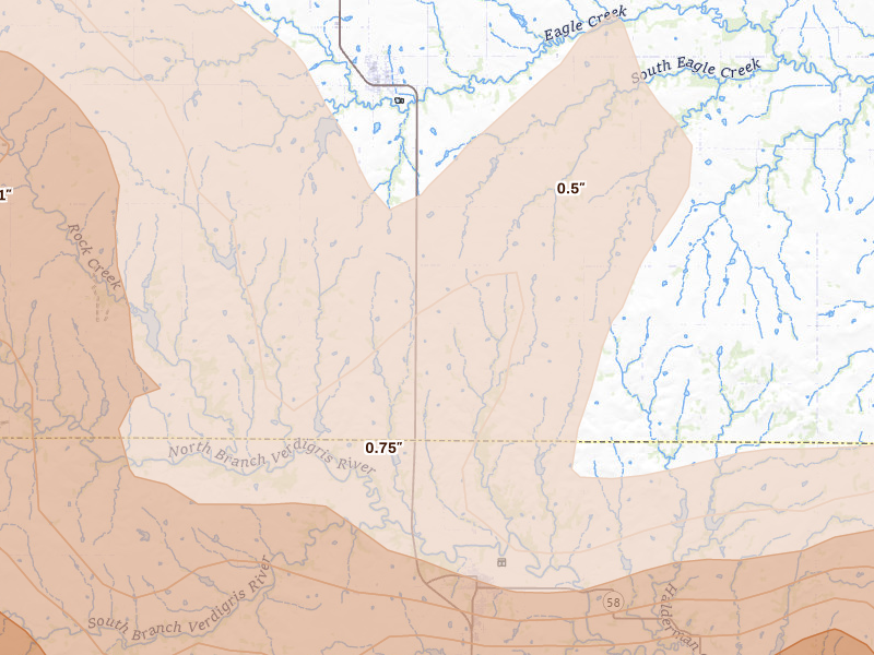 Radar-estimated hail-size map of the storm over Madison, KS on Apr 26, 2026