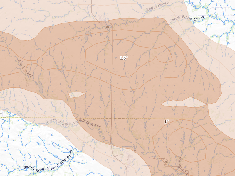Radar-estimated hail-size map of the storm over Madison, KS on May 31, 2026