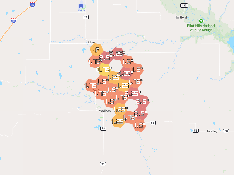 Hail map of Madison, KS on Jun 1, 2026, hail up to 2.5"